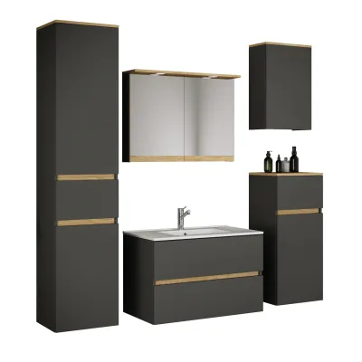 VCM 6-tlg. Waschtisch Set mit Keramikbecken, Badschrank mit 2 Softclose-Schubladen, Hochschrank, Midischrank, Hängeschrank, Spiegelschrank mit Beleuchtung und Steckdose, Maße Unterschrank H. 51 x B. 81 x T. 47 cm, Cosila-I