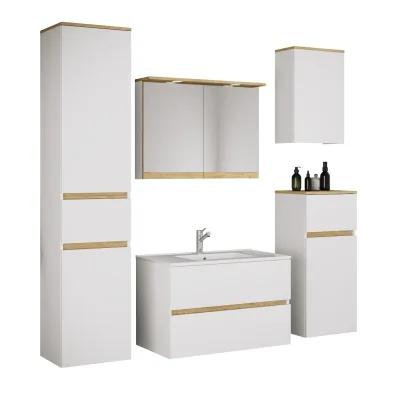 VCM 6-tlg. Waschtisch Set mit Keramikbecken, Badschrank mit 2 Softclose-Schubladen, Hochschrank, Midischrank, Hängeschrank, Spiegelschrank mit Beleuchtung und Steckdose, Maße Unterschrank H. 51 x B. 81 x T. 47 cm, Cosila-I