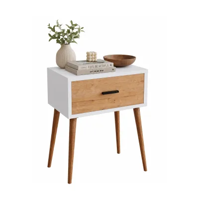 VCM Beistelltisch Nachttisch mit Schublade, 45 x 30 x 56 cm, Holzoptik, modernes Retro-Design - Singol