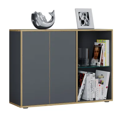 VCM Holz Kommode, Sideboard mit Drehtüren und Glasboden, Büromöbel, H. 74 x B. 100 x T. 33 cm - Salia