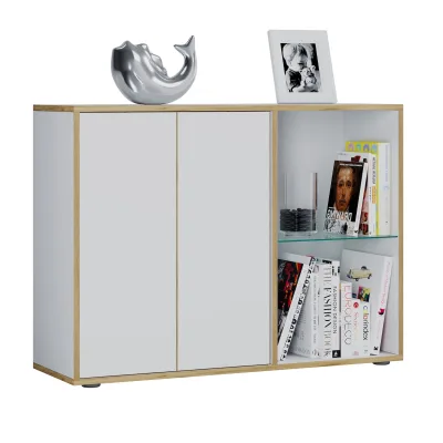 VCM Holz Kommode, Sideboard mit Drehtüren und Glasboden, Büromöbel, H. 74 x B. 100 x T. 33 cm - Salia