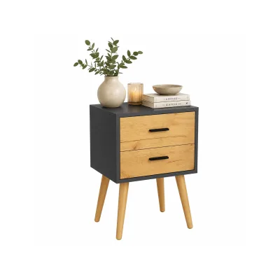 VCM Nachttisch mit 2 Schubladen, 45 x 30 x 70 cm, Beistelltisch im Retro-Design mit Holzfüßen - Singol