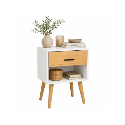 VCM Nachttisch mit Schublade und Ablagefach, 45 x 30 x 70 cm, Beistelltisch im Retro-Design mit Holzfüßen - Singol