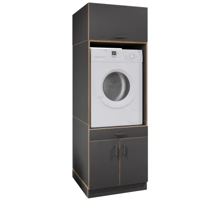 VCM Waschmaschinenschrank mit Unterschrank, Waschmaschinenumbau mit Stauraum hinter zwei Drehtüren und einer Schublade, Maße: Überbauschrank H. 200 x B. 67 x T. 68 cm, Rislo CL