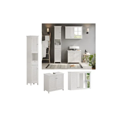 Vicco Badmöbel-Set Riad, Weiß, Badezimmer, moderne Badserie, Lamellen-Front, Waschtischunterschrank, Spiegelschrank, Hochschrank