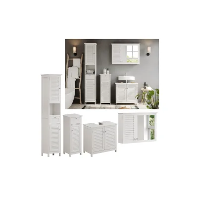 Vicco Badmöbel-Set Riad, Weiß, Badezimmer, moderne Badserie, Lamellen-Front, Waschtischunterschrank, Spiegelschrank, Midischrank, Hochschrank