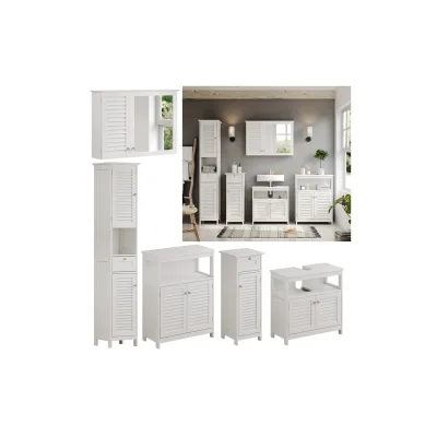 Vicco Badmöbel-Set Riad, Weiß, Badezimmer, moderne Badserie, Lamellen-Front, Waschtischunterschrank, Spiegelschrank, Midischrank, Hochschrank, Sideboard