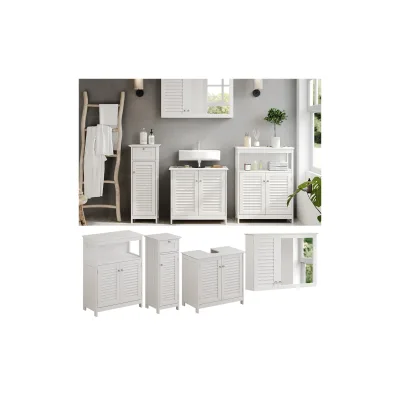 Vicco Badmöbel-Set Riad, Weiß, Badezimmer, moderne Badserie, Lamellen-Front, Waschtischunterschrank, Spiegelschrank, Midischrank, Sideboard