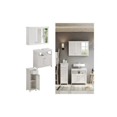 Vicco Badmöbel-Set Riad, Weiß, Badezimmer, moderne Badserie, Lamellen-Front, Waschtischunterschrank, Spiegelschrank, Midischrank