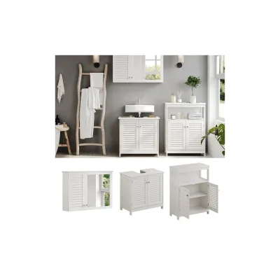 Vicco Badmöbel-Set Riad, Weiß, Badezimmer, moderne Badserie, Lamellen-Front, Waschtischunterschrank, Spiegelschrank, Sideboard