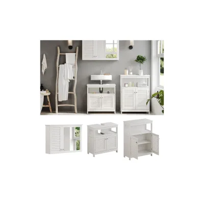 Vicco Badmöbel-Set Riad, Weiß, Badezimmer, moderne Badserie, Lamellen-Front, Waschtischunterschrank, Spiegelschrank, Sideboard