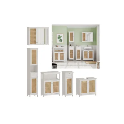 Vicco Badmöbel-Set Rosario, Weiß, moderne Serie, Badezimmer, dekorative Front, Spiegelschrank, Waschtischunterschrank, Midischrank, Hochschrank, Sideboard