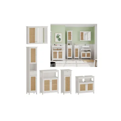 Vicco Badmöbel-Set Rosario, Weiß, moderne Serie, Badezimmer, dekorative Front, Spiegelschrank, Waschtischunterschrank, Midischrank, Hochschrank, Sideboard