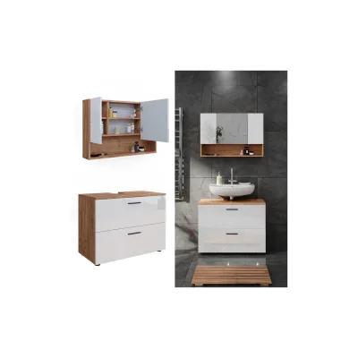 Vicco Badmöbelset Irma Eiche Weiß Hochglanz modern 80 cm Badezimmerschrank Badschrank Badezimmermöbel Waschtischunterschrank Spiegelschrank Schranktür Schrankfach Schrankschublade