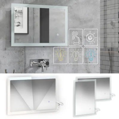 Vicco Badspiegel Wandspiegel LED-Spiegel Weiß 60x40 cm Badezimmer Spiegel Badmöbel Hängespiegel Spiegelbeleuchtung Touch-Switch dimmbar rahmenlos
