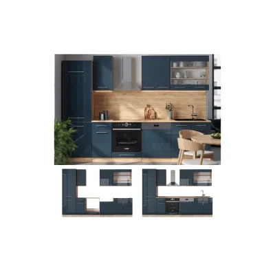 Vicco Küchenzeile Dunkelblau, Eiche 300x153.6x60 cm