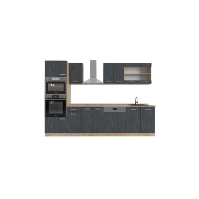 Vicco Küchenzeile R-Line 300 cm Schwarz Beton Eiche mit Arbeitsplatte Weiß-Marmor