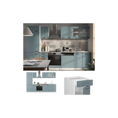 Vicco Küchenzeile R-Line Solid Weiß Blau Grau 300 cm modern Küchenschränke Küchenmöbel