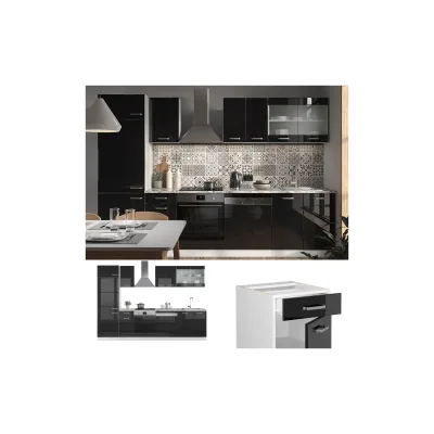 Vicco Küchenzeile Schwarz Hochglanz, Weiß 300x206.8x46 cm
