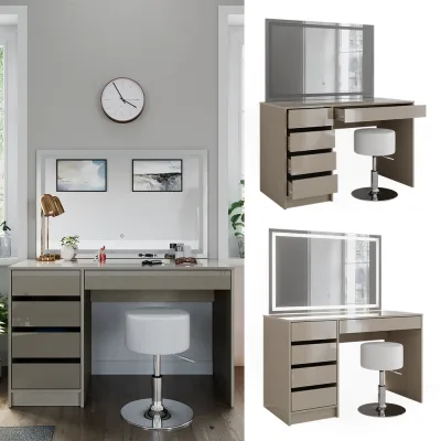 Vicco Schminktisch Sherry Greige Hochglanz 120 x 75 cm 5 Schubladen LED-Spiegel Hocker