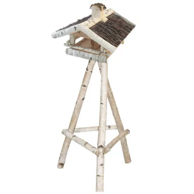 Vogelhaus mit Ständer, Höhe 105 cm, aus Birkenholz mit Reisigdach