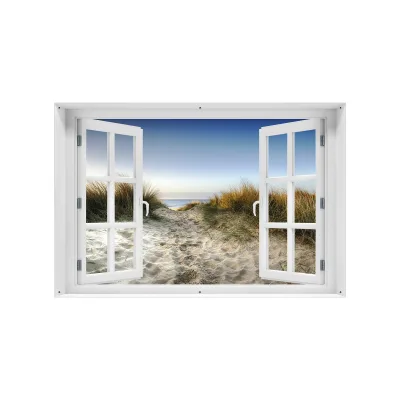 Wallario Gartenposter ca. 100 x 150 cm mit Fenster-Illusion Weg durch die Dünen zum Strand am Meer