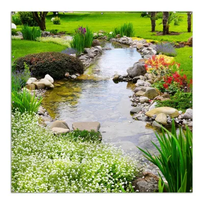 Wallario Gartenposter ca. 120 x 180 cm Blumen am Teich