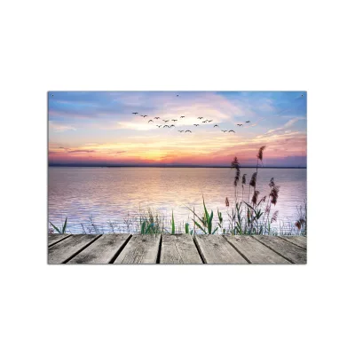 Wallario Gartenposter ca. 180 x 180cm, 2-teilig Seepanorama mit Schilf und fliegenden Vögeln