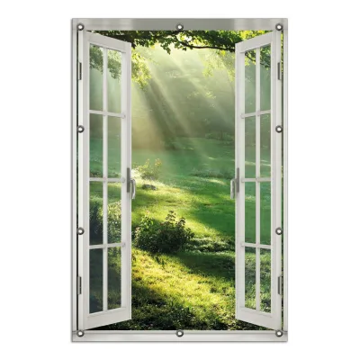Wallario Gartenposter ca. 80 x 120 cm Fenster-Illusion Sonnenstrahlen im Wald