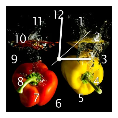 Wallario Uhr 20 x 20 cm, weiße Zeiger Bunte Küche  Paprika in rot  gelb  orange und grün im Wasser
