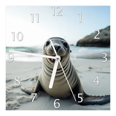 Wallario Uhr 20 x 20 cm, weiße Zeiger Robbe am Strand