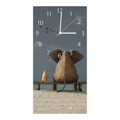 Wallario Uhr 30 x 30 cm, schwarze Zeiger Elefant und Hund sitzen auf einer Bank