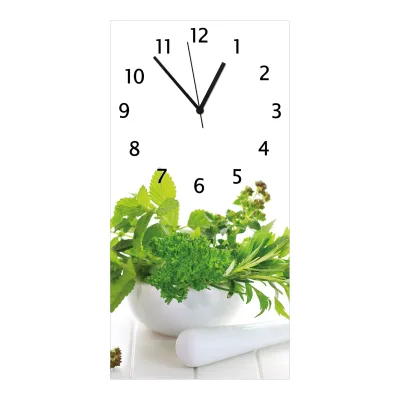 Wallario Uhr 30 x 30 cm, schwarze Zeiger Welt der Kräuter - verschiedene Kräuter in einem weißen Mörser
