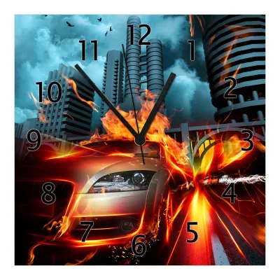 Wallario Uhr 30 x 30 cm, weiße Zeiger Brennendes  fahrendes Auto
