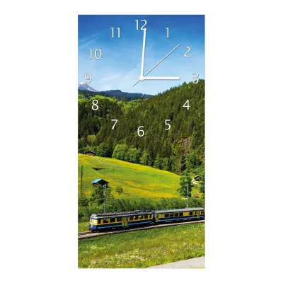 Wallario Uhr 30 x 30 cm, weiße Zeiger Eisenbahn in einer Sommerlandschaft in der Schweiz