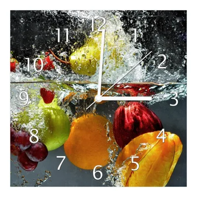 Wallario Uhr 30 x 30 cm, weiße Zeiger Früchte im und unter Wasser - Splashing Fruits