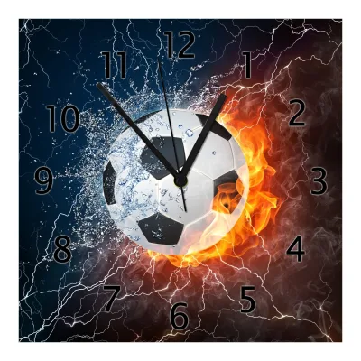 Wallario Uhr 30 x 30 cm, weiße Zeiger Fußball - Feuer und Wasser