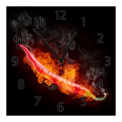 Wallario Uhr 30 x 30 cm, weiße Zeiger Heiße, brennende Chili-Schote vor schwarzem Hintergrund