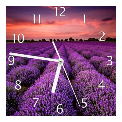 Wallario Uhr 30 x 30 cm, weiße Zeiger Lavendelfeld unter rotem Himmel