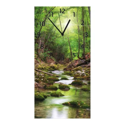 Wallario Uhr 30 x 60 cm, schwarze Zeiger Fluss im Wald