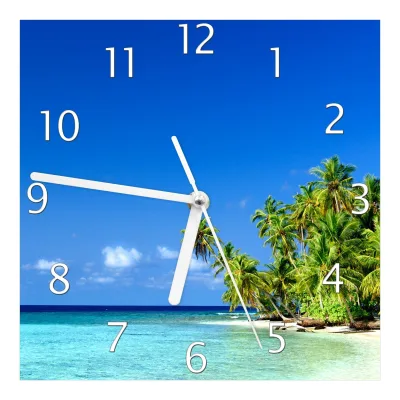 Wallario Uhr 30 x 60 cm, weiße Zeiger Blauer Himmel  weißer Strand  Palmen und das tiefblaue Meer