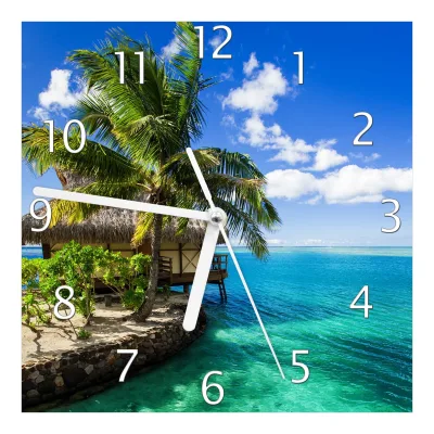 Wallario Uhr 30 x 60 cm, weiße Zeiger Karibisches Meer ? Einsame Hütte unter Palmen