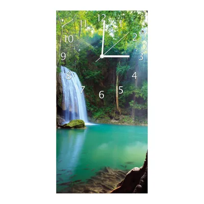 Wallario Uhr 30 x 60 cm, weiße Zeiger Wasserfall im Wald am See  Idylle in Thailand
