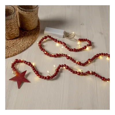 Weihnachtslichterkette ,Beady` mit Holzperlen und Stern in Natur , Batterien + Timer , warmweiß , rot , L 150cm