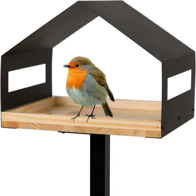 WONDERMAKE® Design Vogelhaus mit Ständer aus Metall und Holz wetterfest, modernes Vogelfutterhaus groß Metalldach stehend, Vogelhäuschen Futterhaus für Vögel zum Stellen