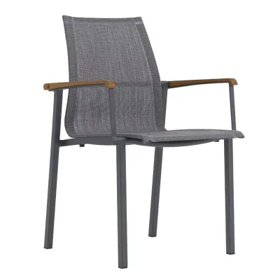 Zebra Felix Stapelsessel Alu graphit, Bezug Batyline-Eden midnight grey, Armlehnen recyceltes Teak