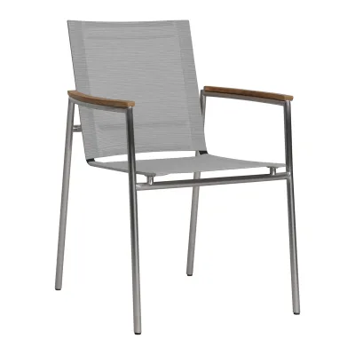 Zebra Hugo Sessel Edelstahl Rundrohr Batyline shell grey, Teakarmlehnen und stapelbar