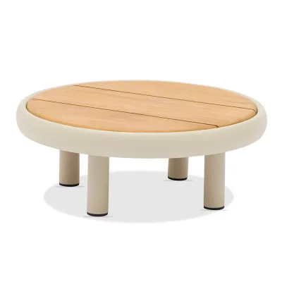 Zebra Wave Kaffeetisch klein Alu pulverbeschichtet light taupe, Tischplatte Teakholz