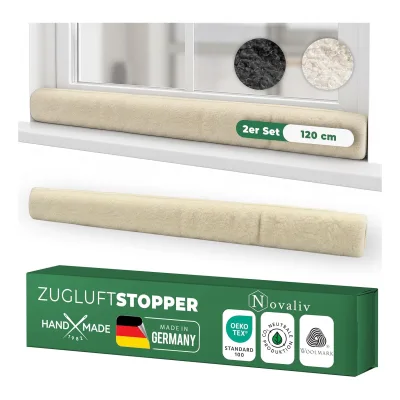Zugluftstopper für Fenster 120cm Natur Schurwolle - stoppt Zugluft & Kälte, dämpft Lärm/Staub/Licht, rutscharm, ohne Bohren; für Fensterbank/Rahmen, Spalt abdichten, Innenbereich, 2er-Set