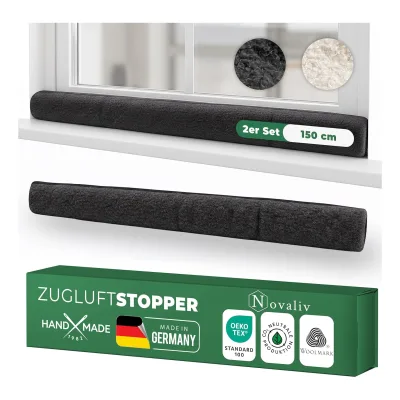 Zugluftstopper für Fenster 150cm Anthrazit Schurwolle - stoppt Zugluft & Kälte, dämpft Lärm/Staub/Licht, rutscharm, ohne Bohren; für Fensterbank/Rahmen, Spalt abdichten, Innenbereich, 2er-Set